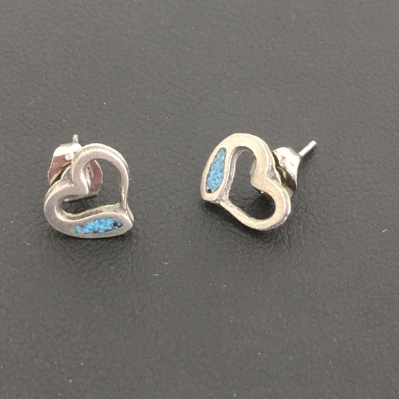 Vintage 80’s Turquoise Heart Stud Earrings Chip Inlay Boho Retro NEW Dead Stock - Picture 10 of 10